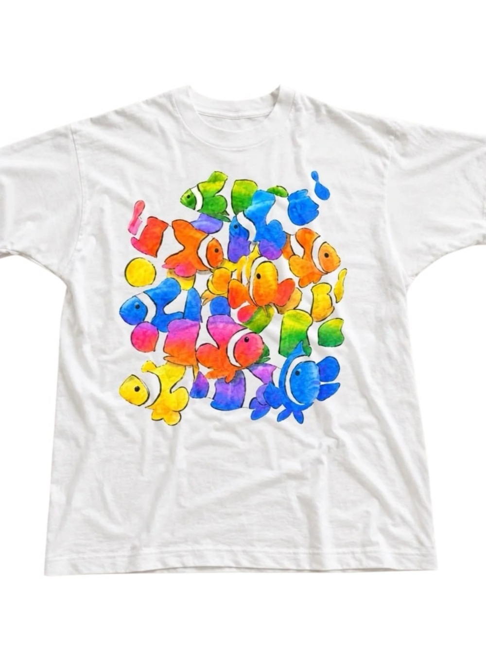 White Tee with Multicolor Rainbow Fish Print